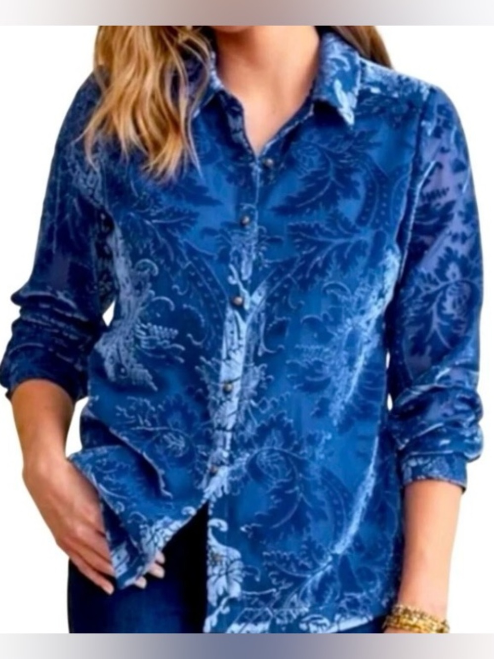 Soft Surroundings Velvet Burnout Shirt Royal Blue Floral Long Sleeve Button Up L